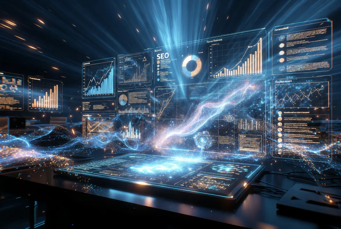 AI contract analysis dashboard for UK lawyers — holographic SEO and data visualisation panels
