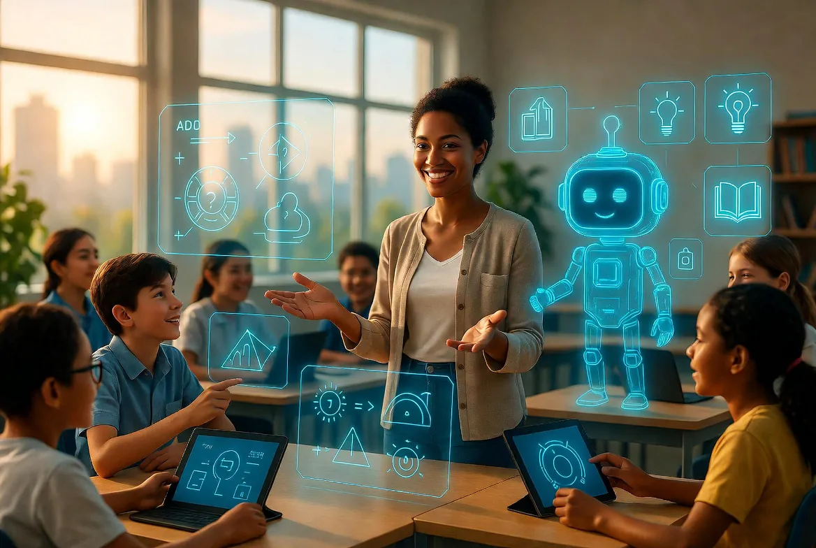 Teacher using AI tools in a modern classroom with holographic robot assistant