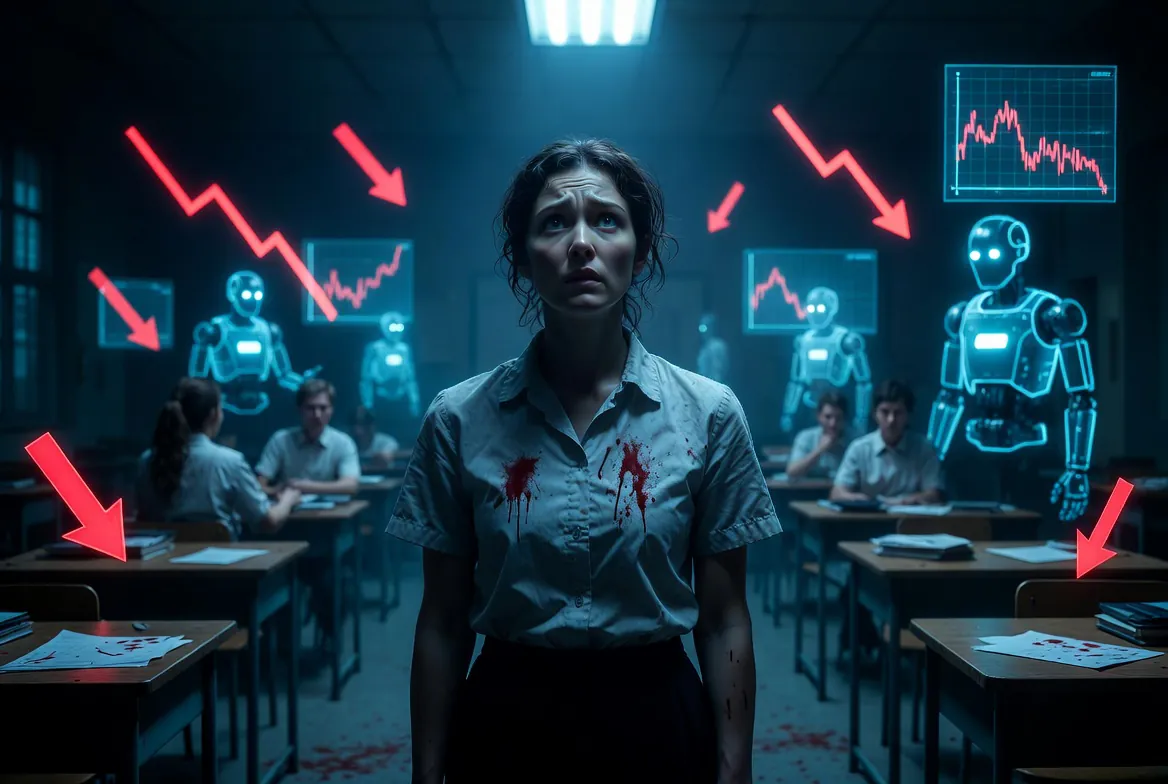 Teacher standing in a classroom surrounded by AI robots and declining salary charts — the real picture of AI in education in 2026