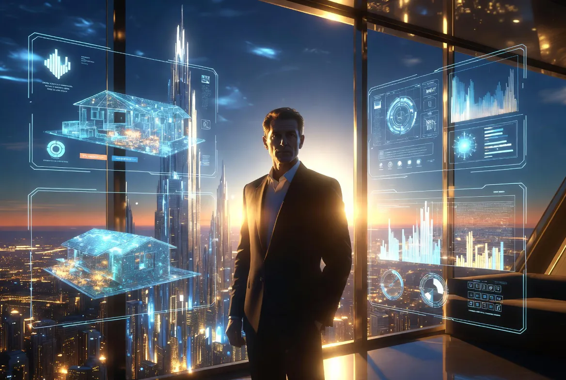 Real estate agent surrounded by holographic property data and AI analytics dashboards at sunset