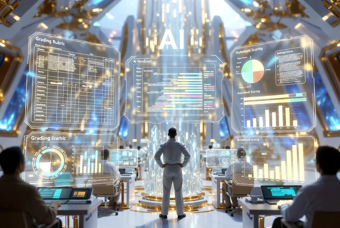 Futuristic AI grading lab with holographic rubric panels and automated scoring dashboards