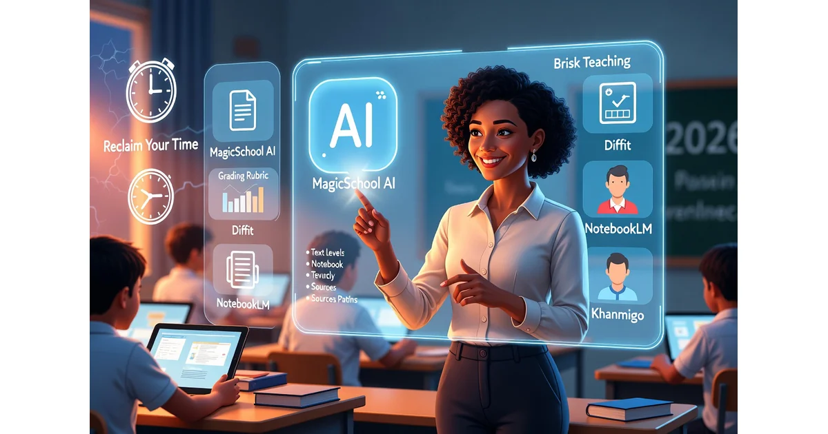 Teacher pointing at AI tools display showing MagicSchool AI, Brisk Teaching, Diffit, NotebookLM, and Khanmigo