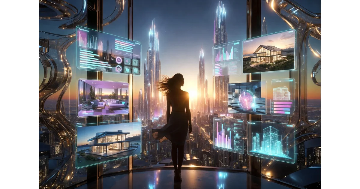 Real estate agent using AI tools to manage listings and leads in a futuristic interface